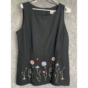 Vintage Fashion Bug Black Sleeveless Top with Embroidered Wildflowers